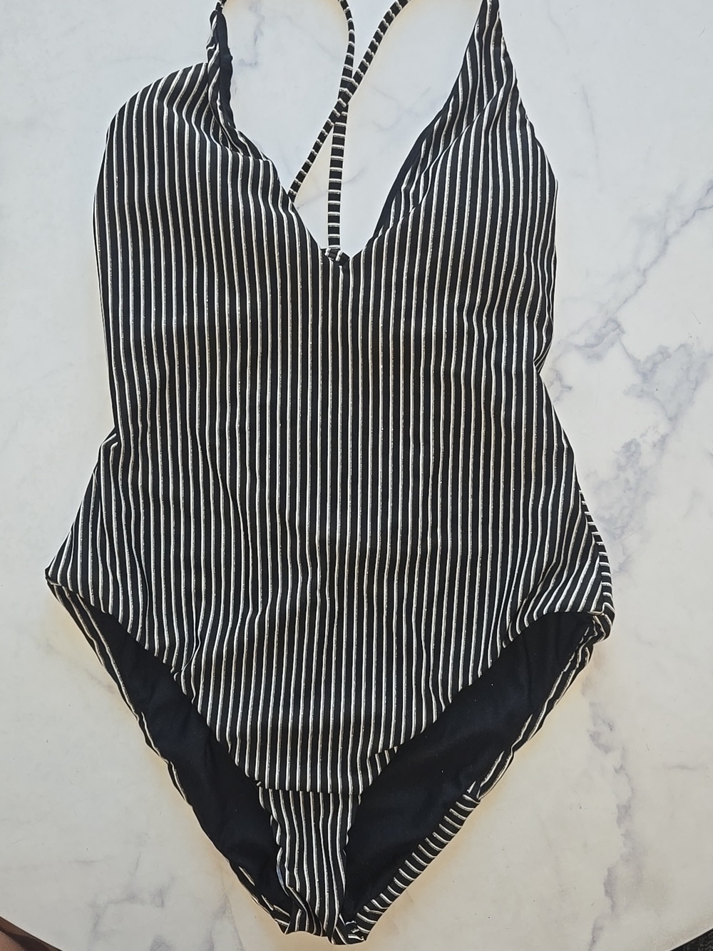 Bar III Black Metallic Striped V-Neck One Piece Maillot Swimsuit Backless S NWT - Picture 4 of 9
